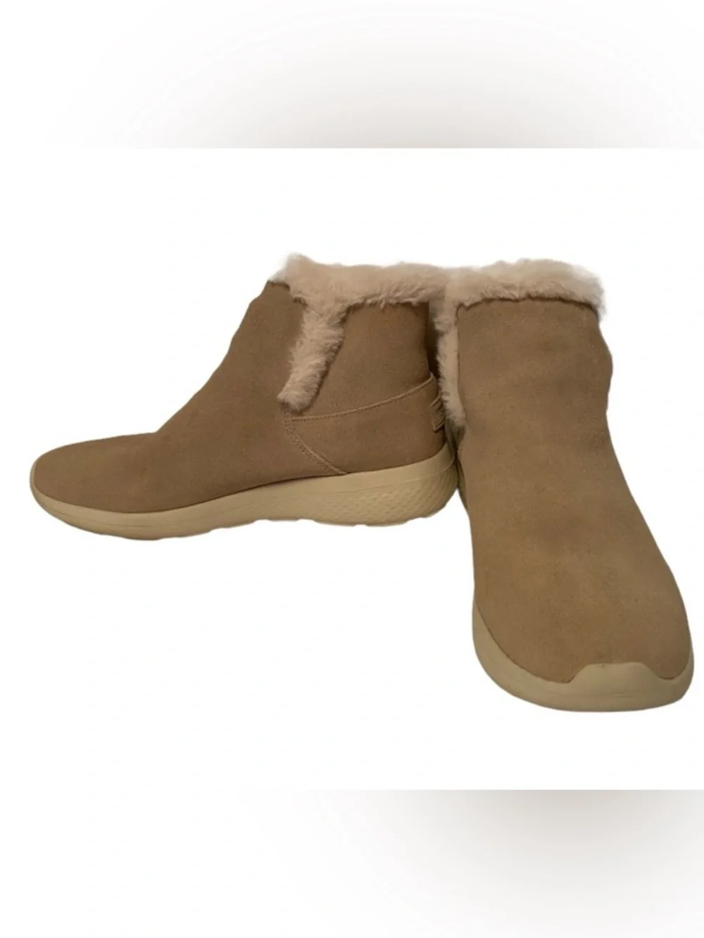 SKECHERS SHOES ANKLE BOOTS CREAM SUEDE LEATHER FAUX FUR ACCENT LINED SIZE 7.5